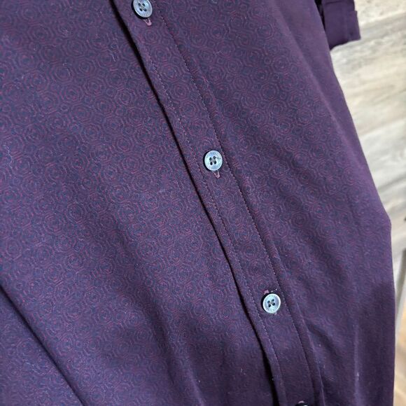 Murano Liquid Luxury Burgundy & Purple Pattern Print Short Sleeve Button Down Sh - Picture 7 of 11
